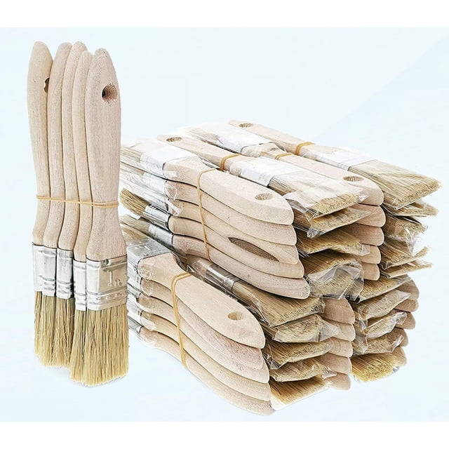 Paquete de 50 pinceles desechables de cerdas naturales de 1 pulgada con mango de madera para pintura acrílica, tintes, barnices, acuarelas, muebles, pegamentos, pintura mural y yeso.