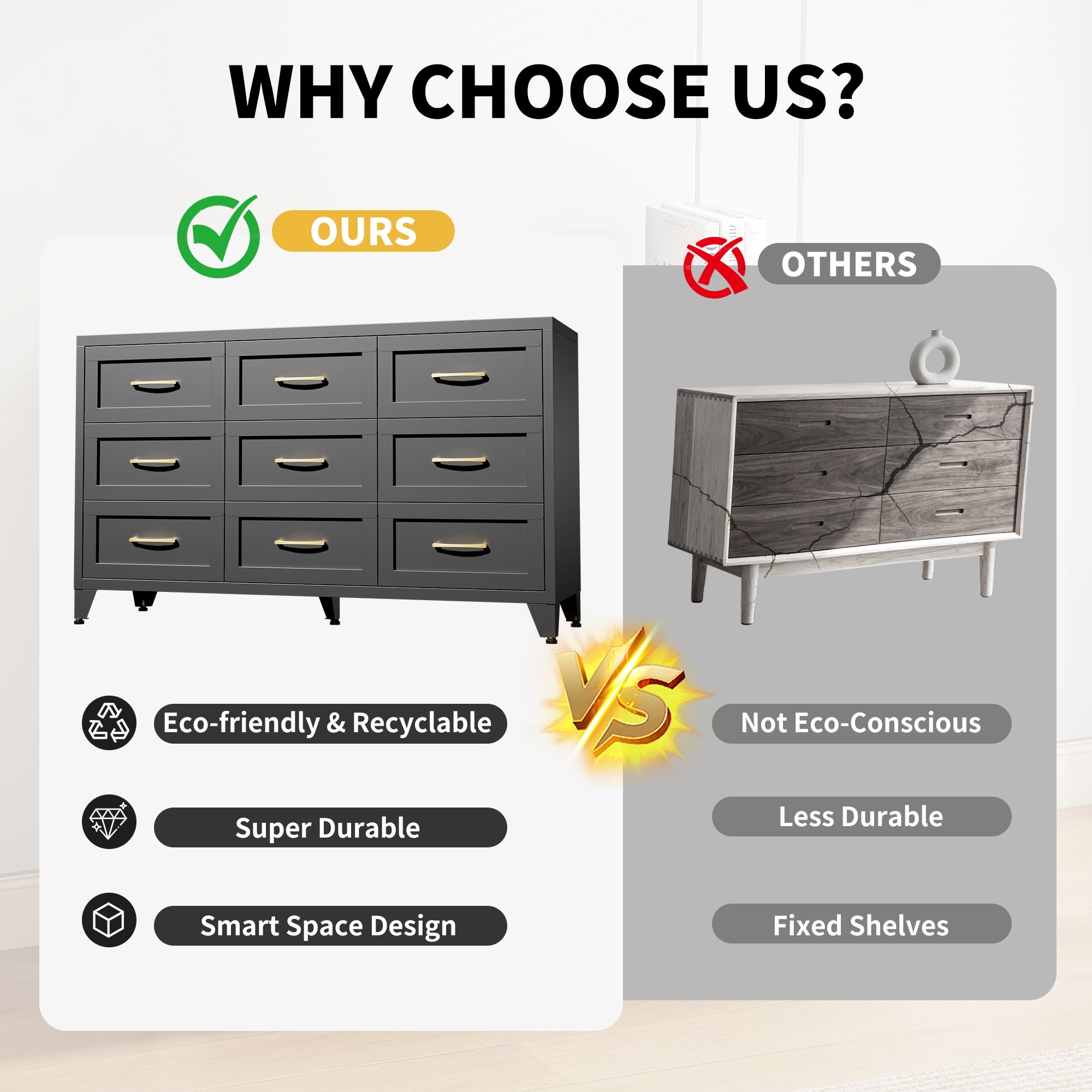 Aukfa 9-Drawer Wide Metal Dresser, Steel Storage Chest with Smooth-Glide Drawers, Eco-Friendly Bedroom Cabinet,