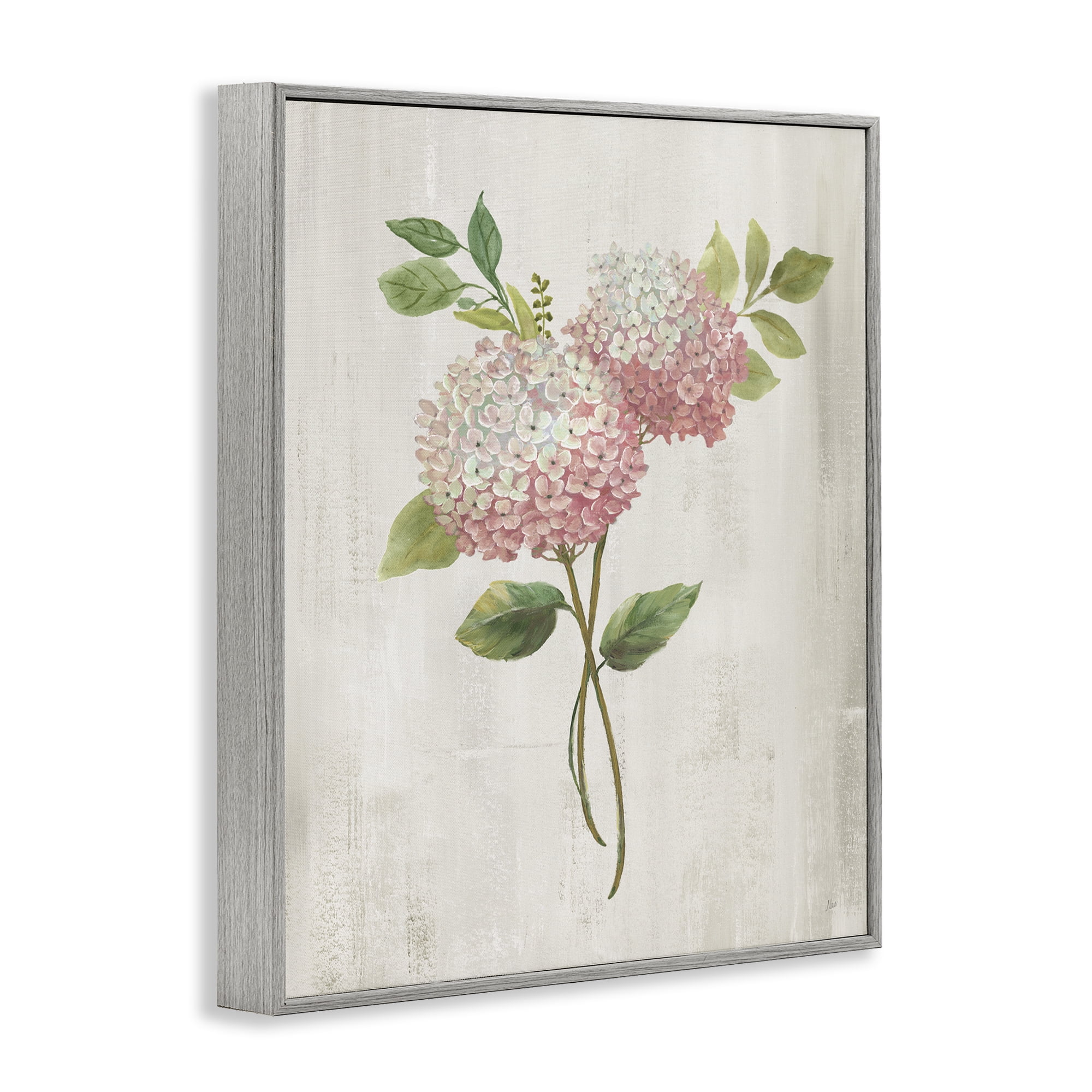 Stupell Industries Pink Hydrangea Paired Stems Gray Framed Giclee Art, design by Nan