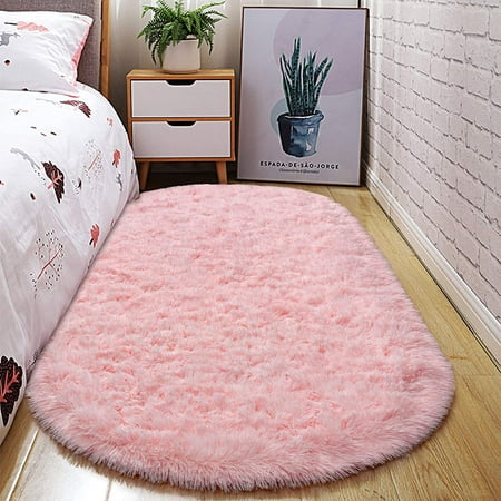 Junovo Oval Fluffy Area Rugs for Bedroom Plush Shaggy Carpet for Kids Room Bedside Nursery Mats, 2.6' x 5.3',Pink