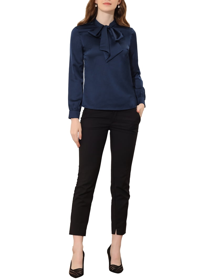 INSPIRE CHIC Women's Bow Tie Neck Solid Long Sleeve Satin Blouse