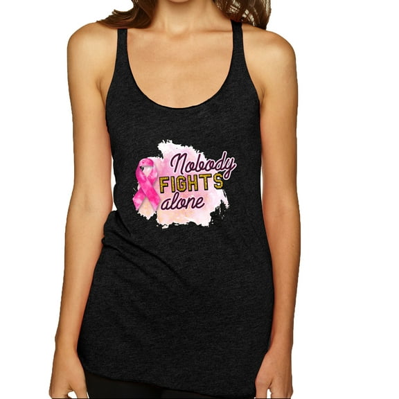 Nobody Fights Alone Watercolor Sparkles Breast Cancer Awareness Tri-Blend Racerback Tank Top, Vintage Black, Medium