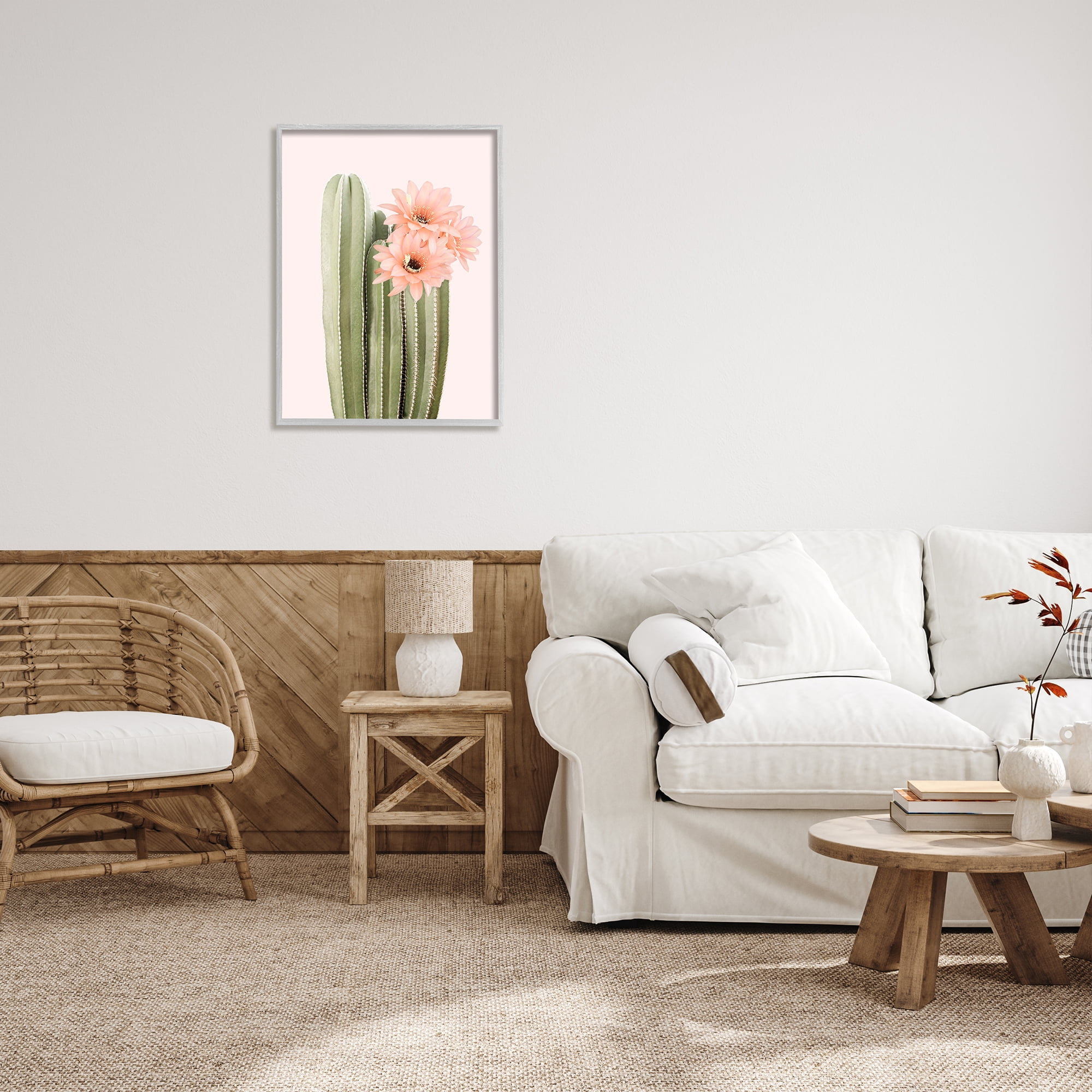 Stupell Industries Pink Flower on Cactus Botanical & Floral Painting Gray Framed Art Print Wall Art, 24 x 30