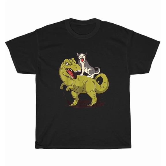 Husky Riding Dinosaur Fun Adventure Pet Lover Whimsical Graphic Unisex T-Shirt, up to size 5XL