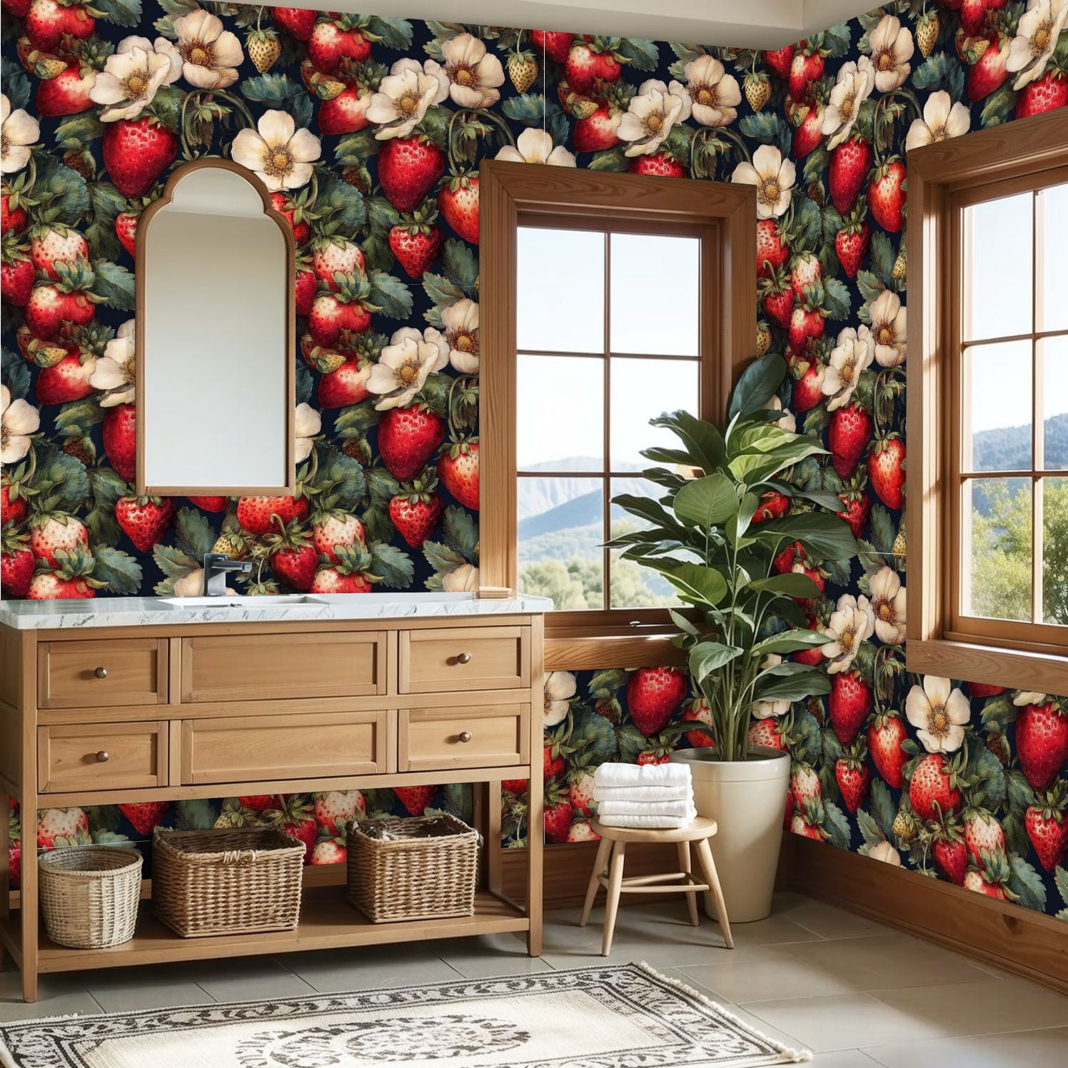 Peel and Stick Wallpaper 23.6in x 9.8ft Vibrant Strawberry Blossom Floral Intricate Detailing Contact Paper Vinyl Self-Adhesive Removable Wall Paper for Bedroom Kitchen Cabinet Décor Renter Friendly
