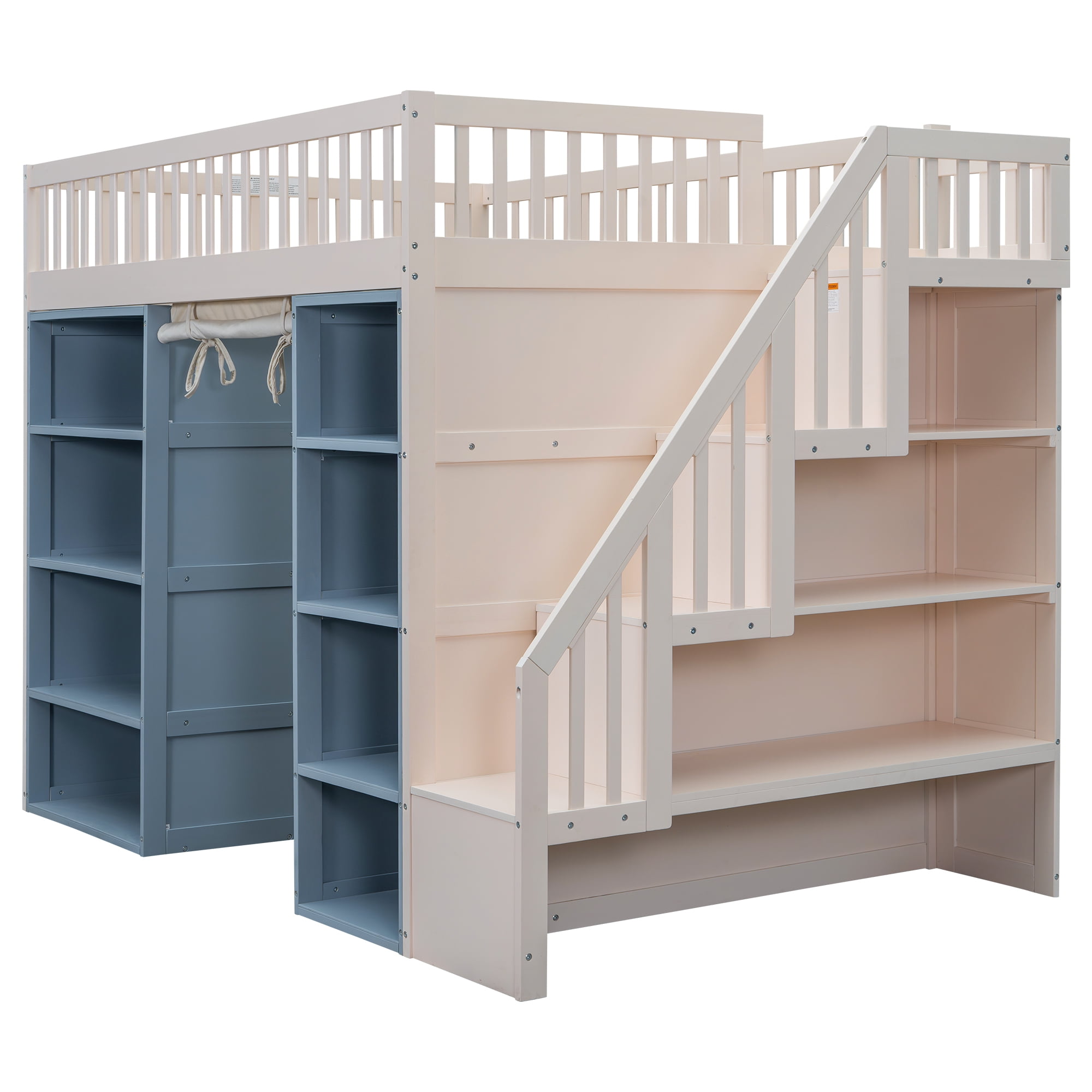 Euroco Wood Full Size Loft Bed with 2 Shelves and Storage Staircase, Curtain and Cabinetsfor Kids Teens