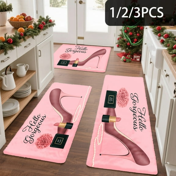 3PCS Kitchen Mat set,Welcome Door Flannel Rug,Home Decor for Front Door,Kitchen, Bathroom,Pink Background With Hello Gorgeous ,Gifts for family and friends.