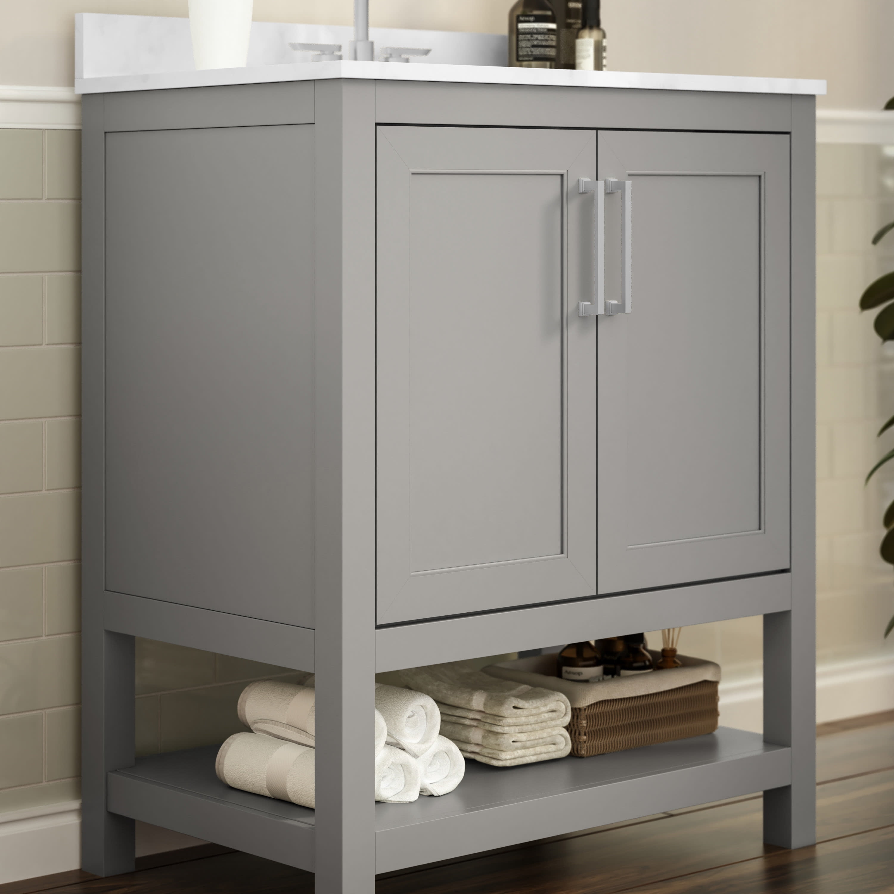 BizChair 30 Inch Bathroom Vanity with Sink Combo, Storage Cabinet with Soft Close Doors and Open Shelf, Carrara Marble Finish Countertop, Gray/White
