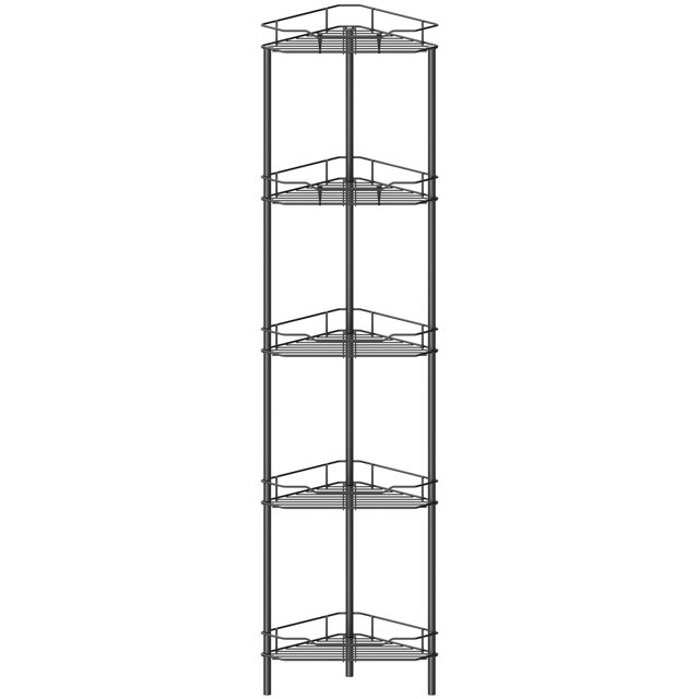 Estante organizador de ducha de esquina de 5 niveles con pie y ganchos para baño color negro