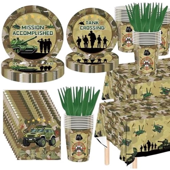 146Pcs Army Birthday Party Decorations Include Tableware-Plates-Napkins-Cups-Cutlery and Tablecloth Camo Birthday Party Decorations for 24 Guests$$