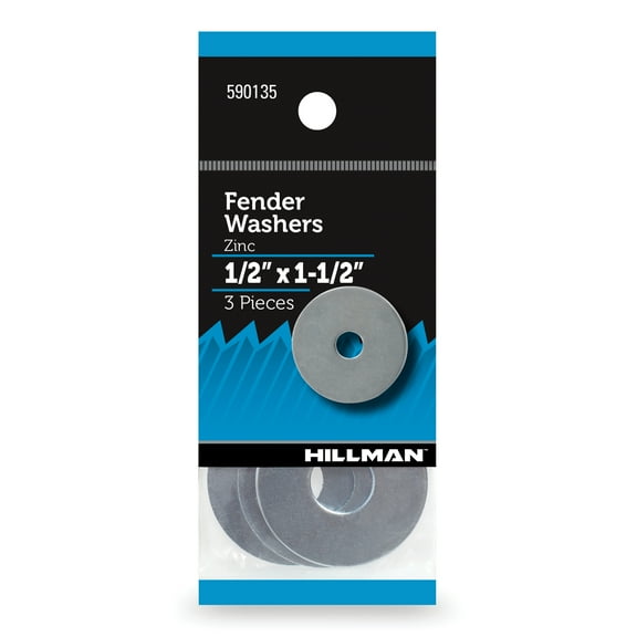 Hillman Fender Washers, 1/2" x 1-1/2", Steel, Zinc Finish, Silver, 3 pack