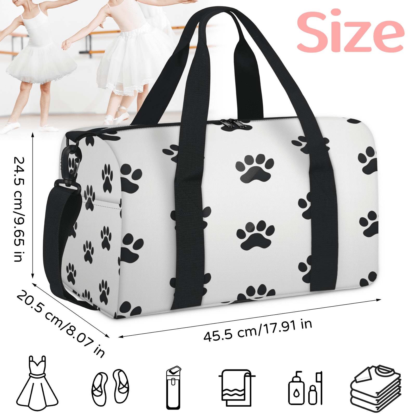 Herdesigns Dog Paws Travel Duffle Bag Sports Yoga Weekender Overnight Carry on Workout Bags Lightweight Waterproof Gym Tote Bag for Women