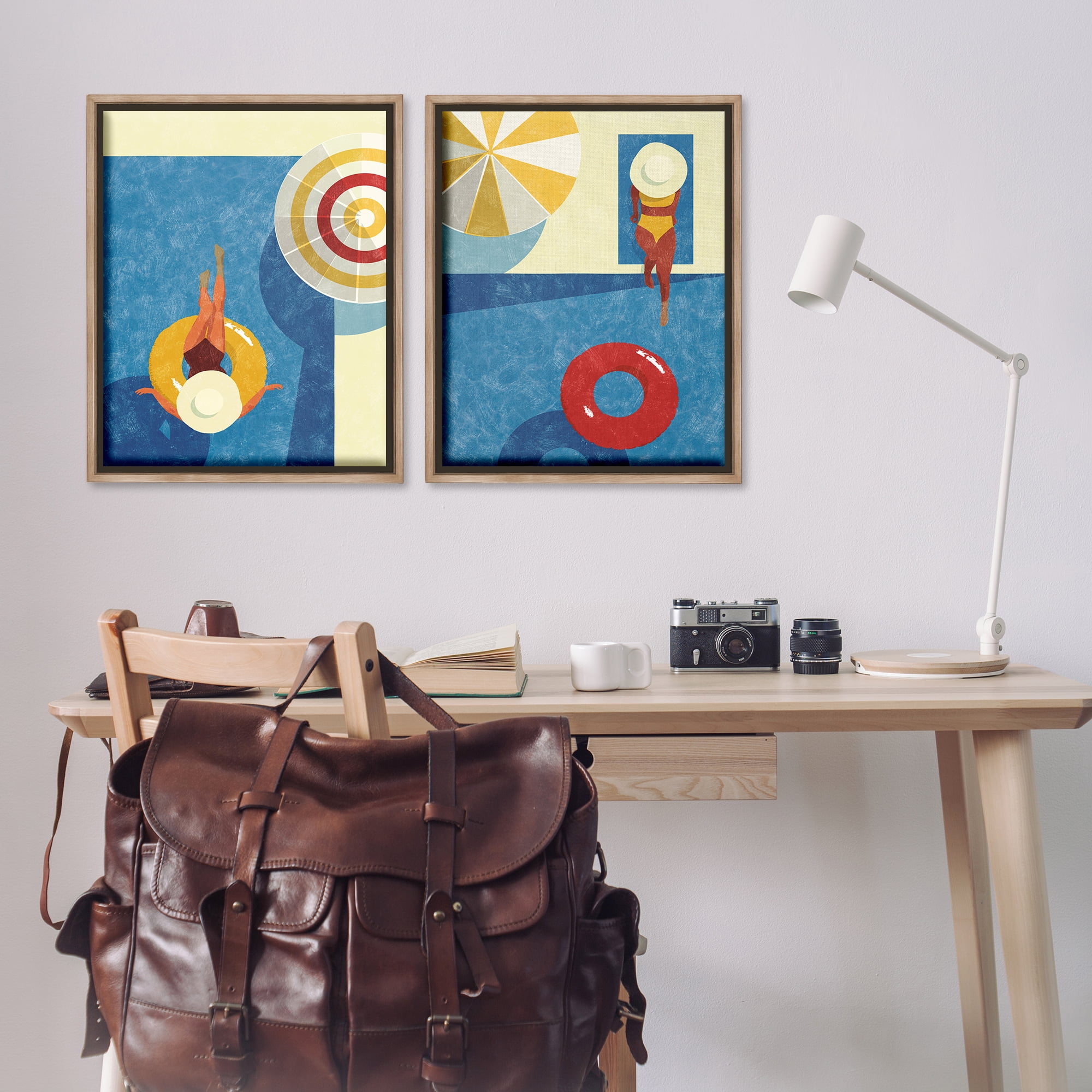Stupell Industries Relaxing Female Figure Poolside People Painting Brown Floater Framed Canvas Art Print Wall Art, 31 x 25, Set of 2