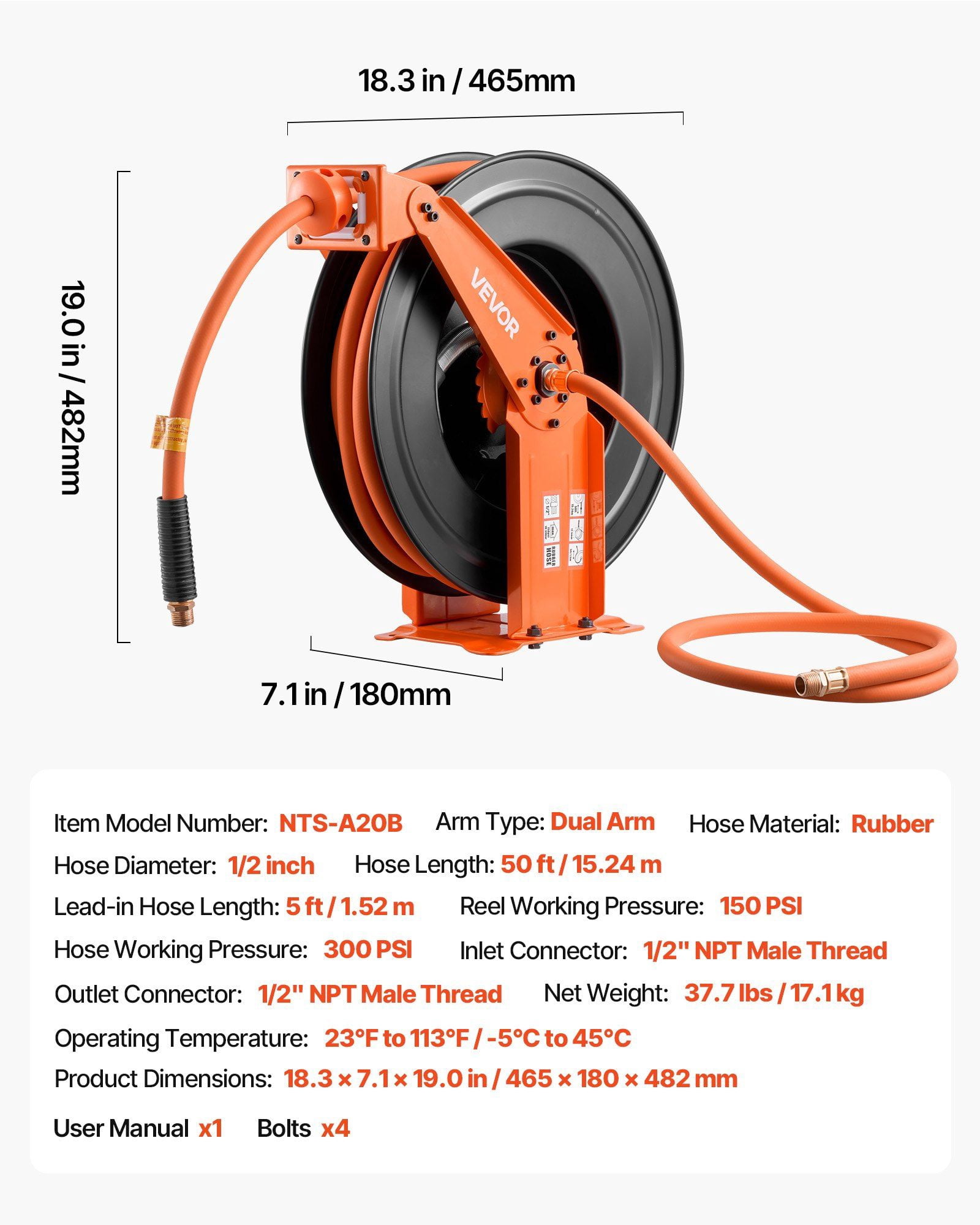 Auto Rewind Retractable Air Hose Reel, 1/2 Inch x 50 FT Rubber Air Hose Max 300PSI