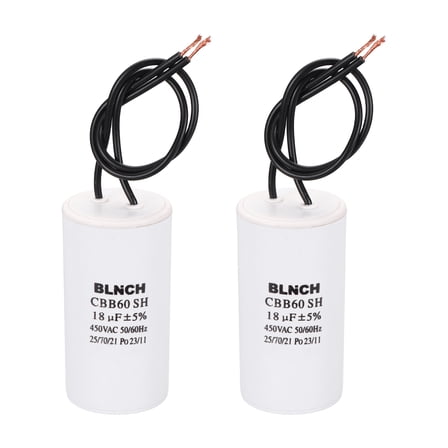 Uxcell 2 Pcs CBB60 Running Capacitor, 18uF 450V 2 Wire Electric Air Compressor Motor Run Starting Capacitor for Washing Machine, Refrigerator, Air Conditioner, White