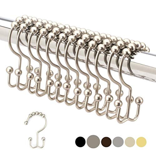 2lbDepot Shower Curtain Rings Hooks - Brushed Nickel Finish - Premium 18/8 Stainless Steel - Double Hooks with Easy Glide Rollers - Six Finishes Available - Set of 12 for Shower Rods