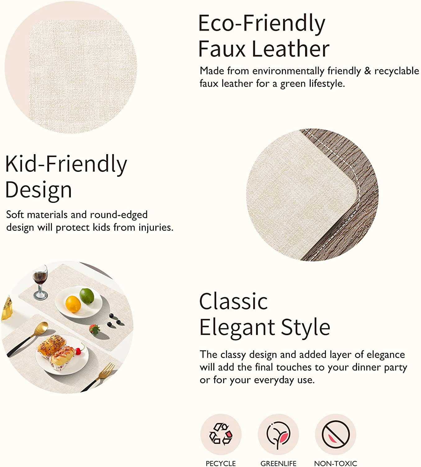 Lifestance Faux Leather Placemats Set of 6, Waterproof Heat Resistant Non Slip Dining Table Mats, 17x12 inch Rectangle Beige, Indoor Outdoor Use