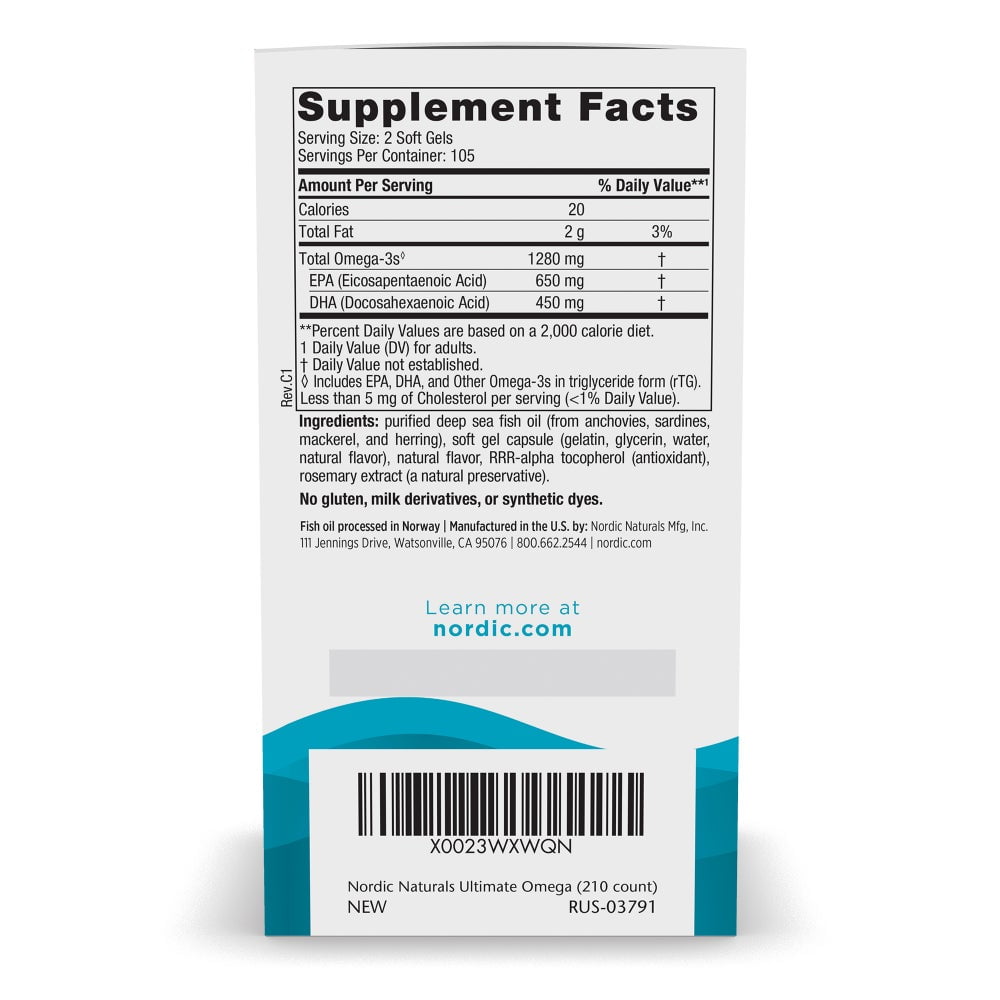 Nordic Naturals Ultimate Omega Softgels, Lemon, 1280 mg, Fish Oil, 210 Ct