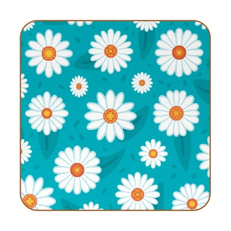 

OWNTA White Daisy Flower Blue Background Pattern Premium 6-Piece Square Coaster Set in Microfiber Leather - Non-Slip & Absorbent Cup Mats