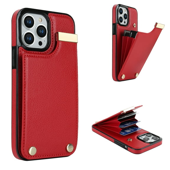Allytech Wallet Case for iPhone 14 Pro Max, Case with Card Holder & Magnetic Buckle, RFID Blocking PU Leather Shockproof Anti-Fingerprint Anti-Fall Protective Case for Women Men, Red