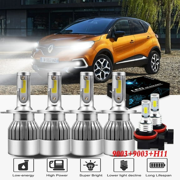 For Renault Captur 2018 2019 Headlights,9003 H4 LED High/Low Beam and H11 Fog light Bulbs,6pcs