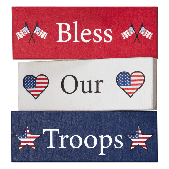 JennyGems Bless Our Troops Wood Block Set of 3, Military Patriotic Support, Shelf Sitters, Patriotic Decor Americana, Support Our Troops, American US Flag Decor, July 4th Decorations, Veterans Day