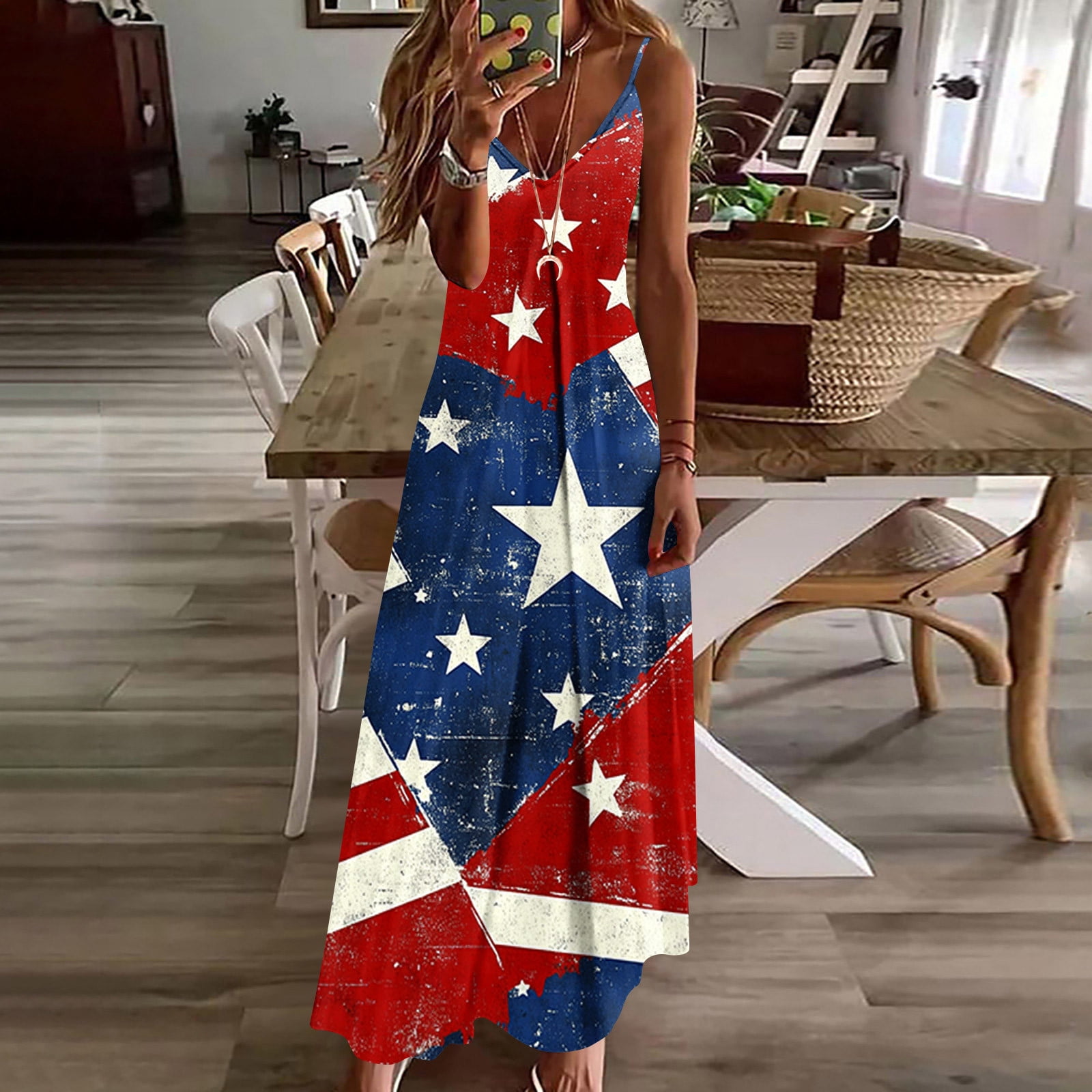 Plus Size Women 4th of July Sleeveless Dress Patriotic V Neck Maxi Dresses Spaghetti Strap Beach Long Dresses