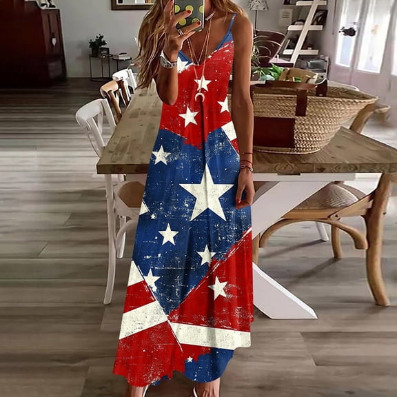 Vetsdori Women's Summer Maxi Dress Fourth of July Red White and Blue Slip Dress Tank Ankle Length Patriotic,Star Print V-Neck Dress for Women Backless