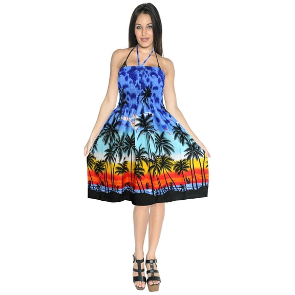 HAPPY BAY Women's Summer Boho Beach Backless Smocked Mini Flowy Dress Tube Top Strapless Dresses for Women One Size Aqua, Palm Tree View