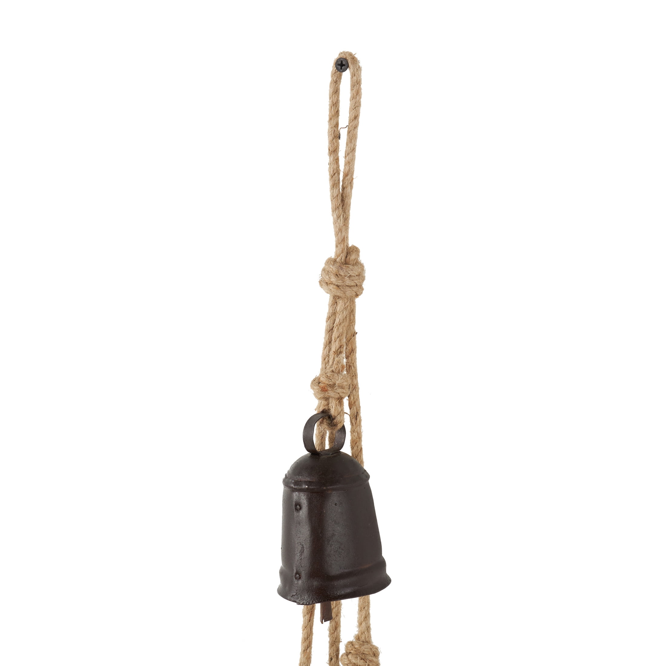 DecMode Tibetan Inspired Cascading Dark Brown Metal Cylindrical Decorative Bells with 4 Bells on Jute Hanging Rope