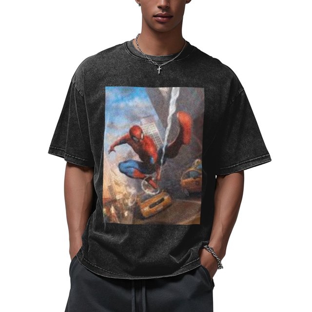Spider-Man 210g Men's Crew Neck Washed Short Sleeve T-Shirt - Hot Stamping