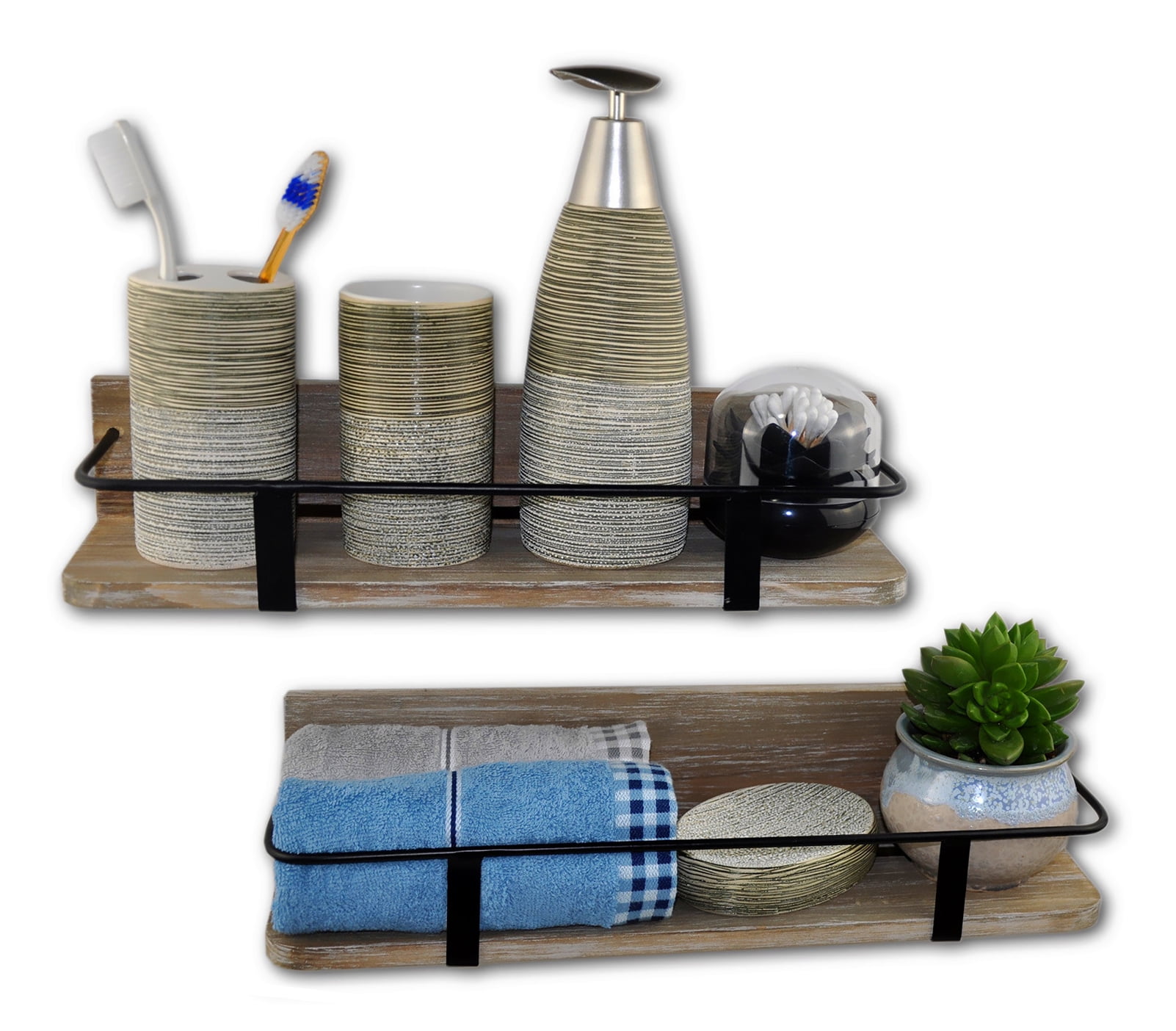 DUCIHBA Wall Mount Display Floating RV Shelves with Rail, Home Storage Organize, Wood & Metal_Set of 2 (Large & Small), 16.5 inch_Rustic Gray