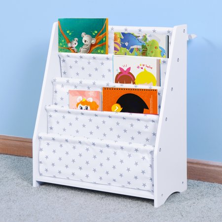 Kids Bookshelf  Seizeen Wooden Book Rack for Kids  4-Tier Book Storage Star Cloth Bags  Library Kids Room Storage Cabinet Organizer for Book  White