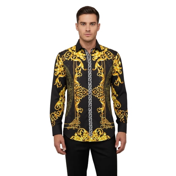 Men's Sports Shirt By Barocco Fashion Printed Long Sleeves Soft Feel EFS75 Black