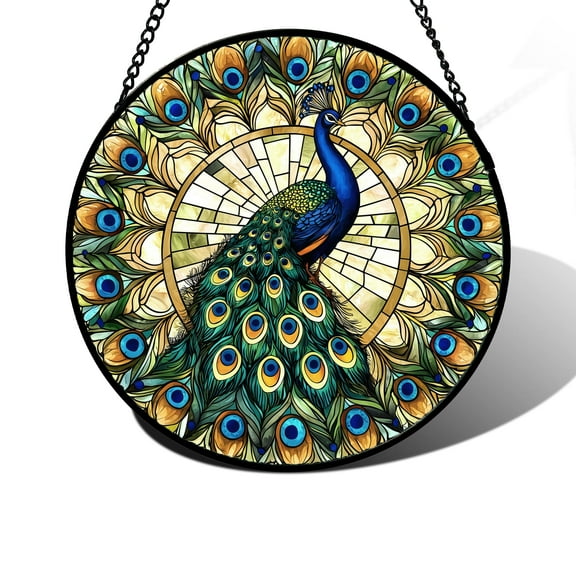 Stained Glass Window Hanging - Retro Peacock Decoration Suncatcher for Door Garden Home Bird Feather Sun Catchers Christmas Mother's Day Birthday Gifts for Women Men Mom Nana Friend