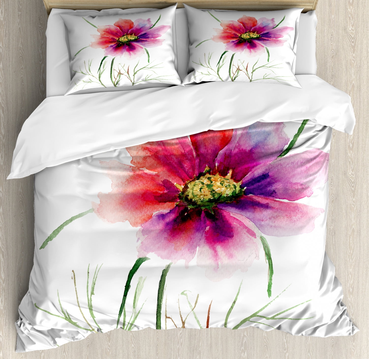 Watercolor Duvet Cover Set, Beautiful Two Colored Flower Blossom Nature