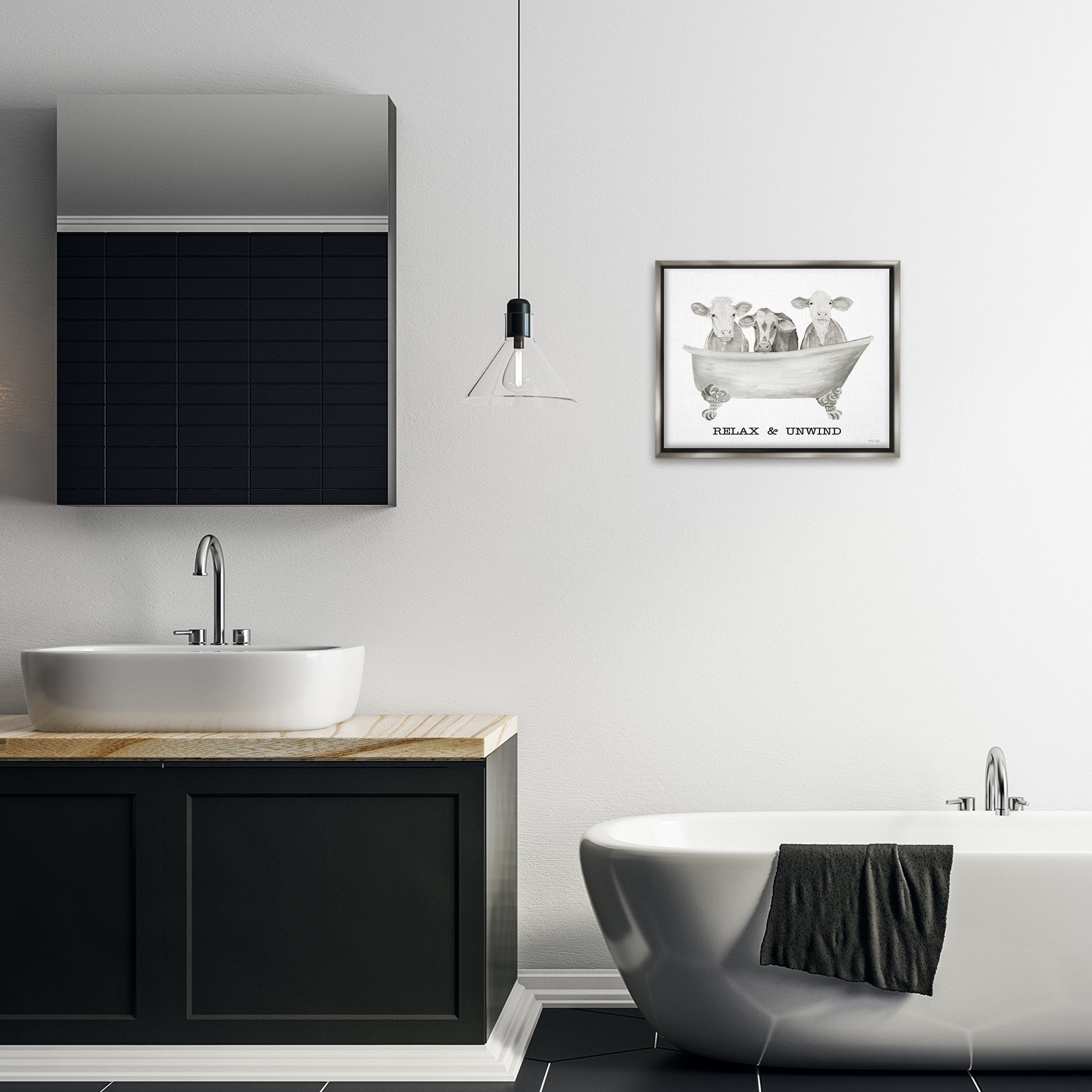 Stupell Industries Relax Unwind Cow Tub Bath & Laundry Painting Gray Floater Framed Canvas Art Print Wall Art, 21 x 17