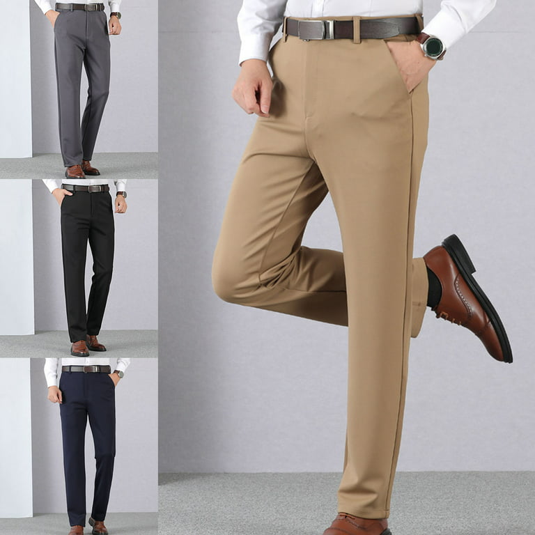 Fusipu Men Suit Pants Solid Color High Waist Thick Formal Male Trousers for  Work 