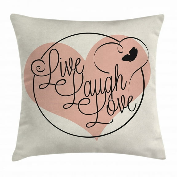Live Laugh Love Decor Throw Pillow Cushion Cover, Romance Valentines Theme Calligraphy Art Heart Butterfly, Decorative Square Accent Pillow Case, 20 X 20 Inches, Light Pink Black White, by Ambesonne