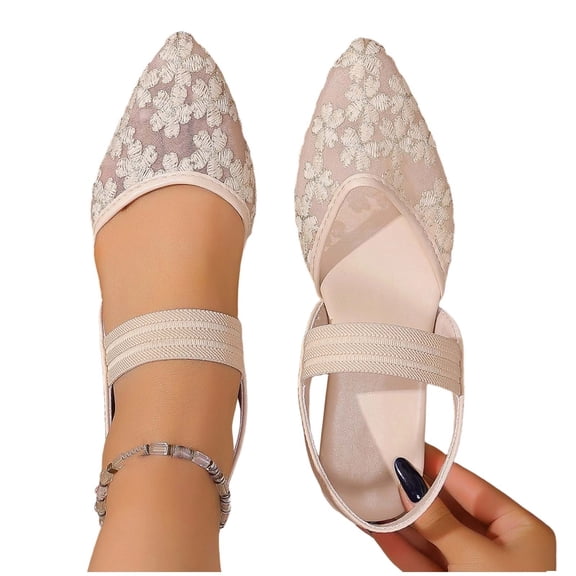 Purcolt Womens Floral Embroidery Mesh Slingback Flats Dressy Casual Pointed Toe Slip On Ballet Shoes Comfort Soft Sole Dress Shoes with Elastic Ankle Strap