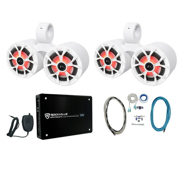 2) Rockville RKL65MBW Dual 6.5" Marine Wakeboard LED Speakers Amplifier Wire Kit