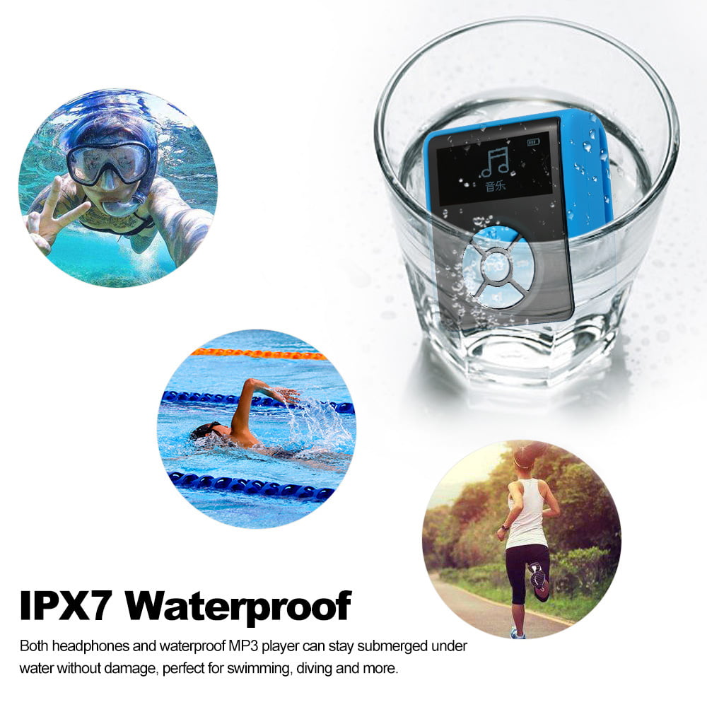 Sazoley IPX7 Waterproof MP3 Player 8GB Music Player with Headphones FM Radio for Swimming Running Diving Support Pedometer