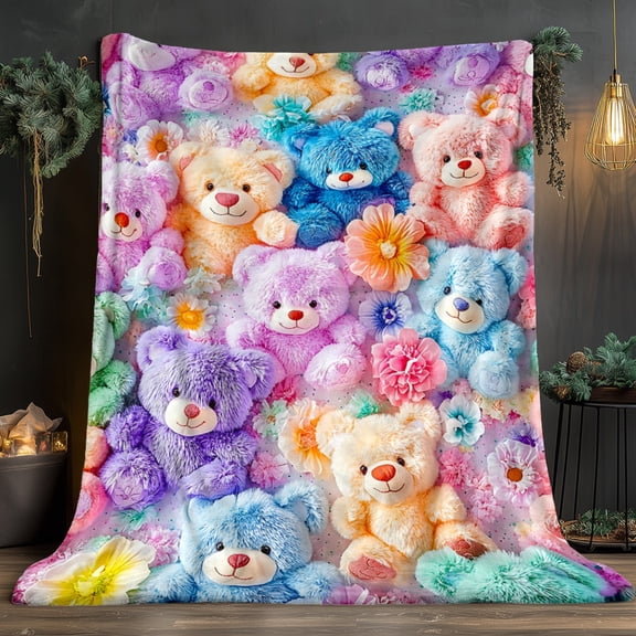 1PC Colorful Teddy Bears Blanket, 280gsm Soft Warm Polyester, Digital Print Jacquard, Lightweight for Sofa Bed Travel Camping Office Home Bedding