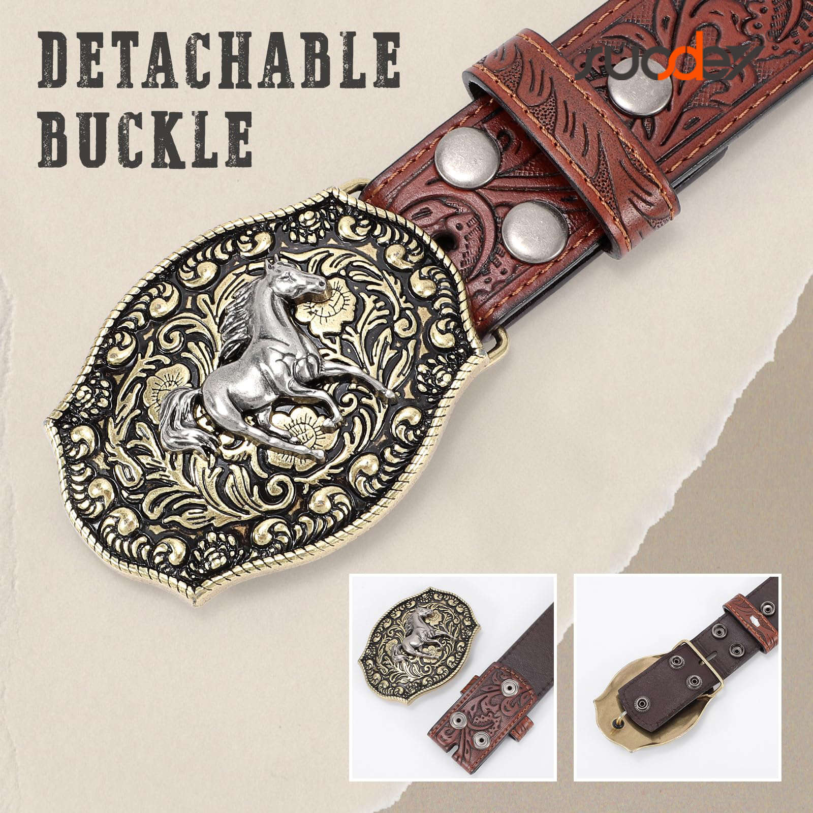Suosdey Cowboy Embossed Leather Belt with Removable Buckle photo 5