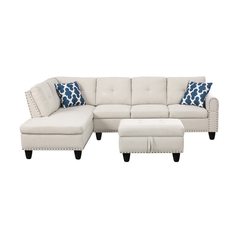 98" L-Shaped Sectional Sofa with Storage Ottoman, 4-Seat Linen Upholstered Modular Couch with Left Chaise, Drop-Down Backrest with Cup Holders, Nailhead Trim, 3-Piece Sofa Set for Living Room, Office