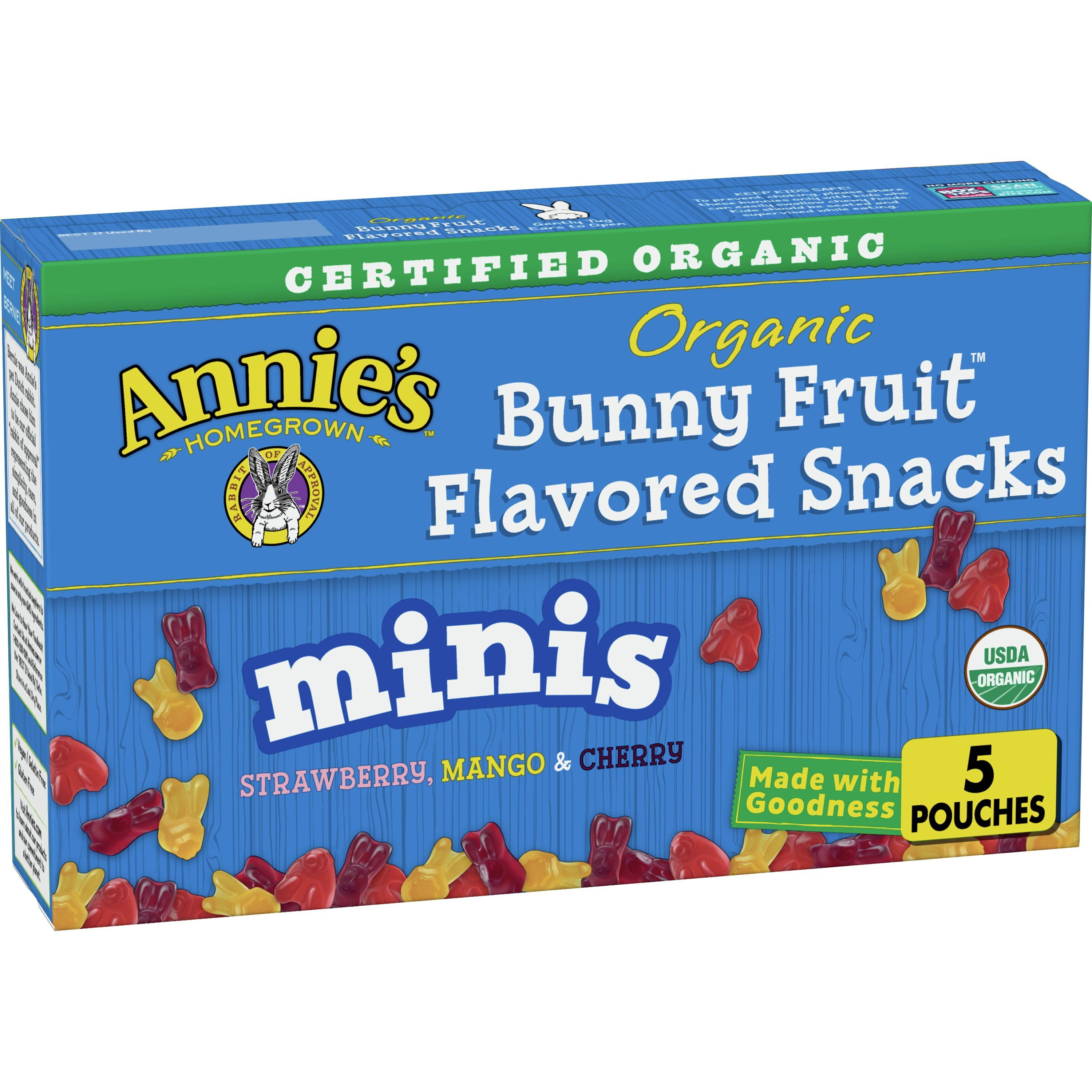 Annie's Organic Mini Bunny Fruit Flavored Snacks, Strawberry, Mango & Cherry, Gluten Free, 5 Pouches