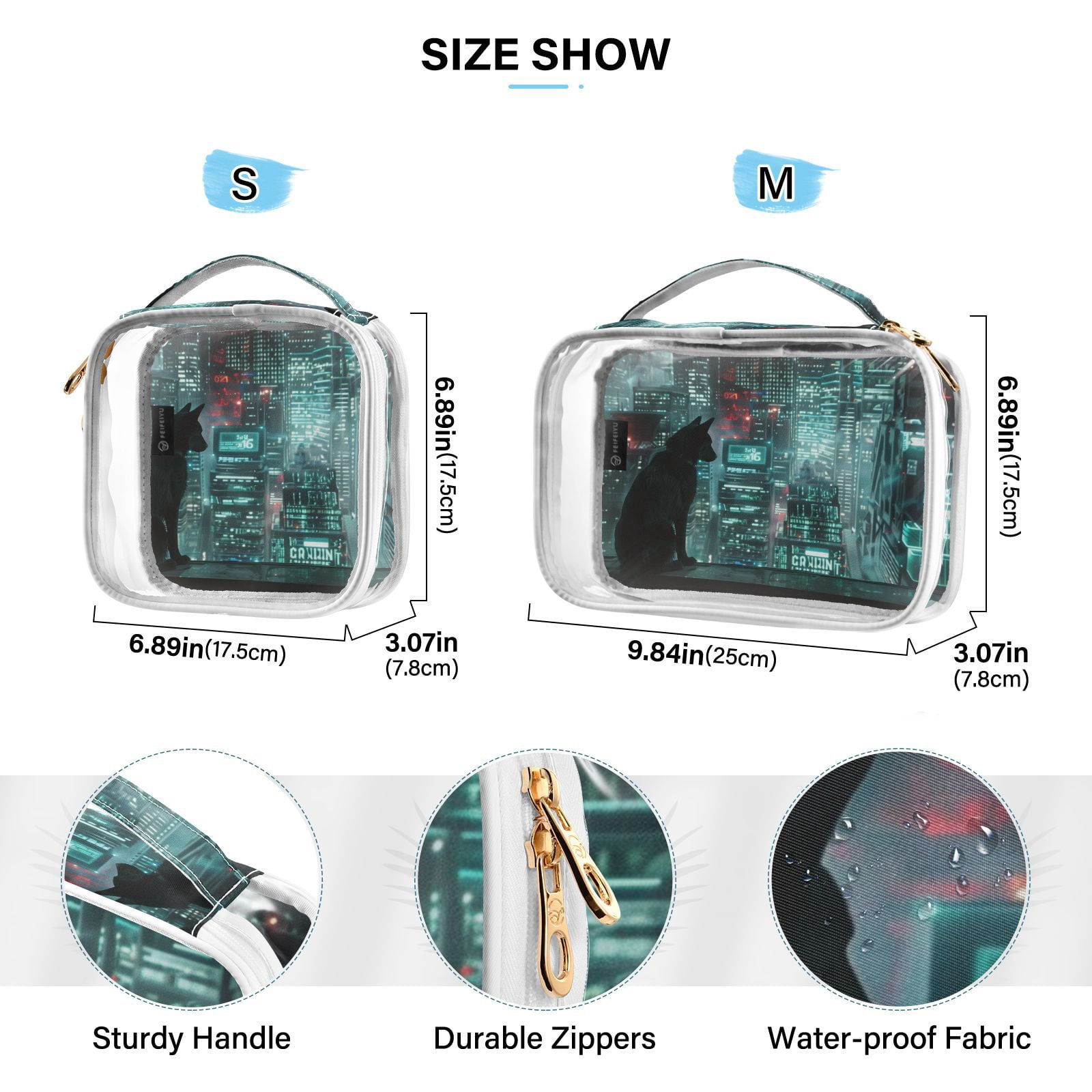 Clear Makeup Bags with Handle Large Opening 2 Pack Set Toiletry Bag Quart Size Bag, for Women Man Traveling Travel Essentials, Toiletries and Other. Cat Graphic
