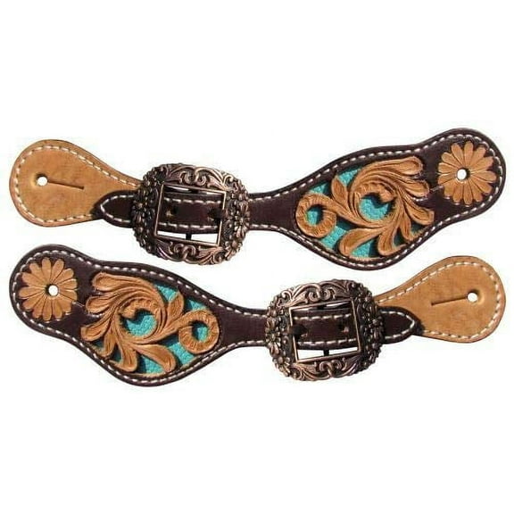 Showman Youth Dark & Light Leather Spur Straps w/ Floral Tooling & Turquoise Inlay