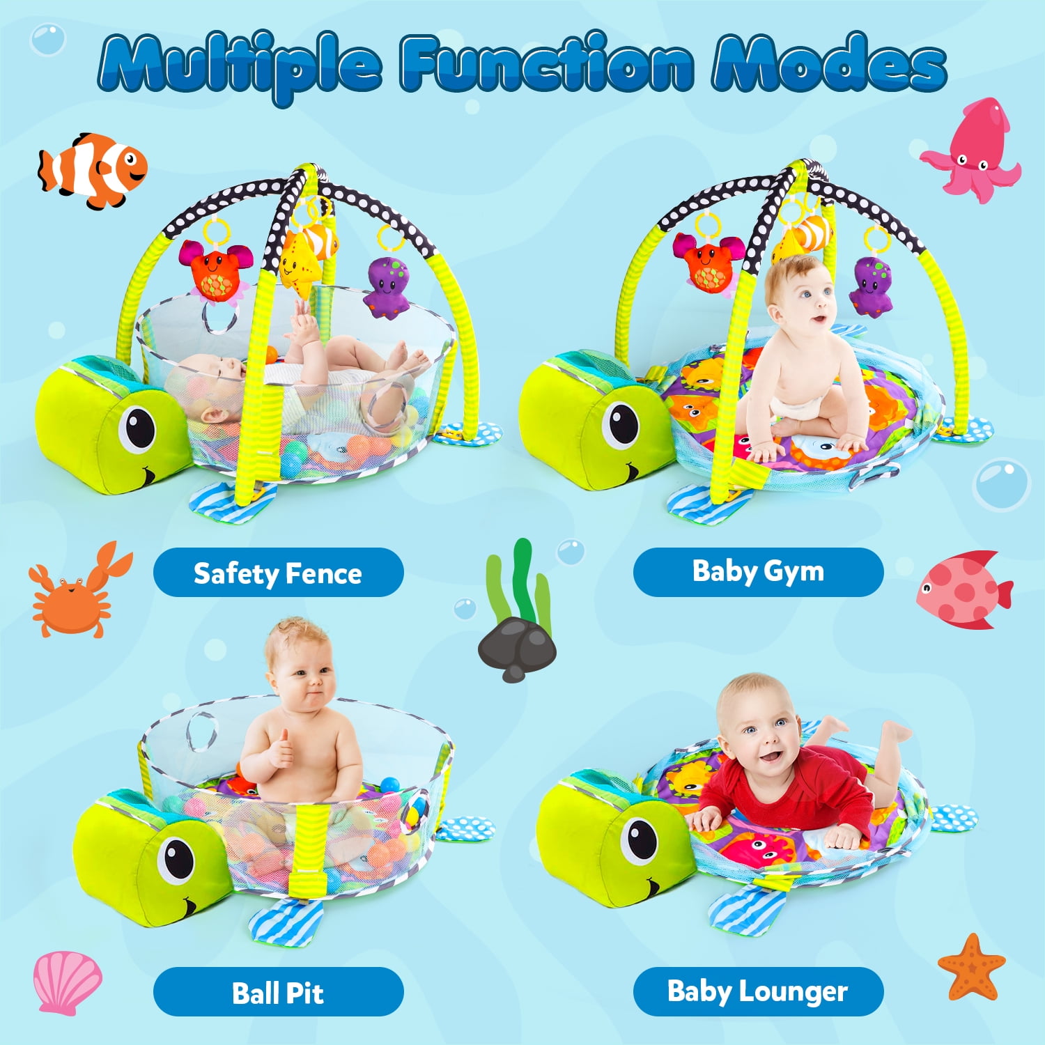 UQN Baby Play Gym, 3 in 1 Baby Play Gym Activity Mat, with Hanging Toys and Ocean Balls, Gifts for Newborn Baby 0 to 3 6 9 12 Months, Green Turtle