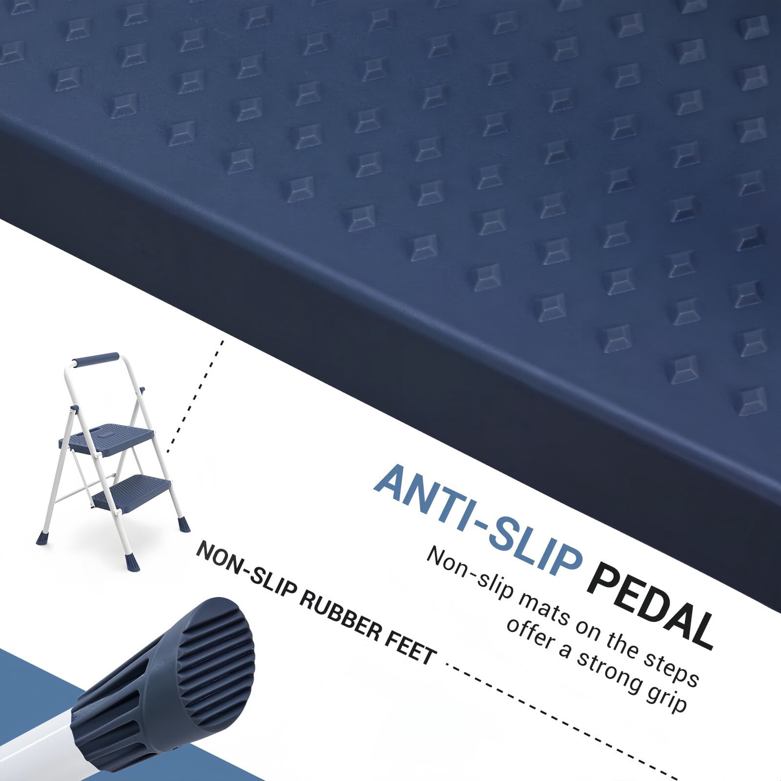 Kelno 2 Step Ladder 800Lbs Capacity Folding Step Stool with Anti Slip Pedals Safety Handrail, Blue White